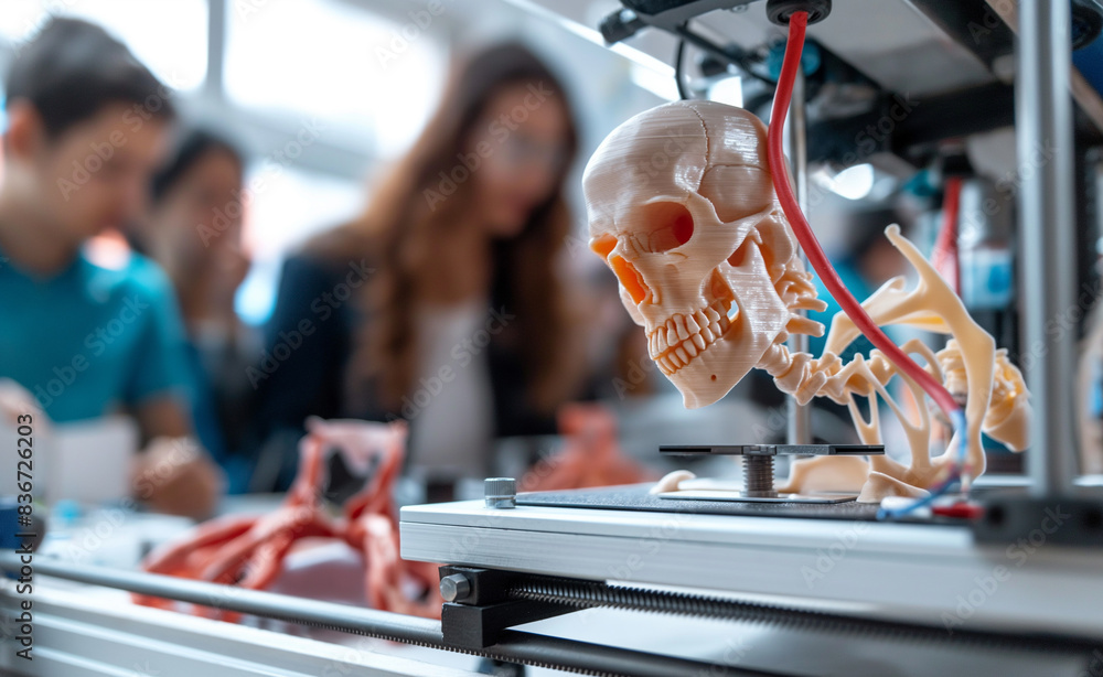 Poster 3d printer creating educational models for classrooms. the image shows detailed anatomical models be