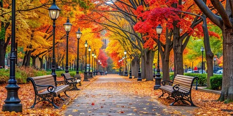 Autumn foliage covering a city street with benches, streetlights, and colorful leaves