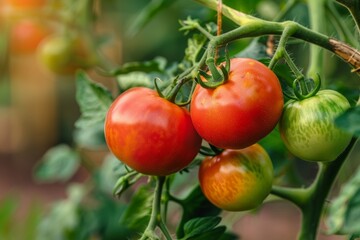 Obraz premium Organic homegrown ripe tomatoes on vine in greenhouse for autumn vegetable harvest