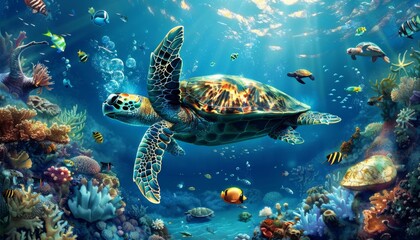 Obraz premium Colorful underwater photograph of diverse marine animals and a large turtle swimming gracefully