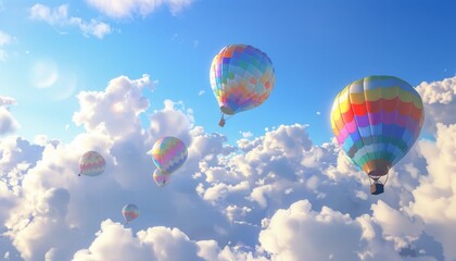 Fototapeta premium Surreal Beauty: Vibrant Aerostats Soaring Through the Azure Cloudscape. 3D Rendering - AR 7:4