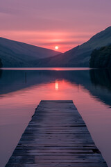 Obraz premium Sunset at a serene lake with a wooden pier extending into the water 
