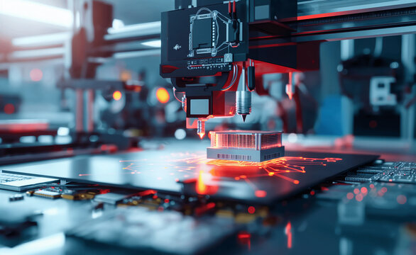 3D printer producing prototypes for electronic gadgets, showing complex internal components being printed layer by layer, with an R&D lab featuring designers and engineers in the background.