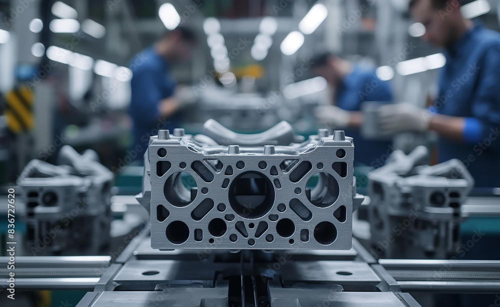 Poster 3d printer creating components for car engines, showing the precise layering of high-strength materi