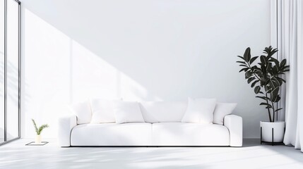 Minimalist living room with a white sofa, cushions, large floor plants, and abundant natural light from tall windows.
