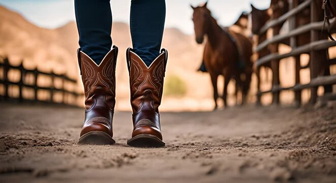 Boots of a cowboy with a horse.