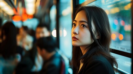 Obraz premium A woman is sitting on a bus looking up
