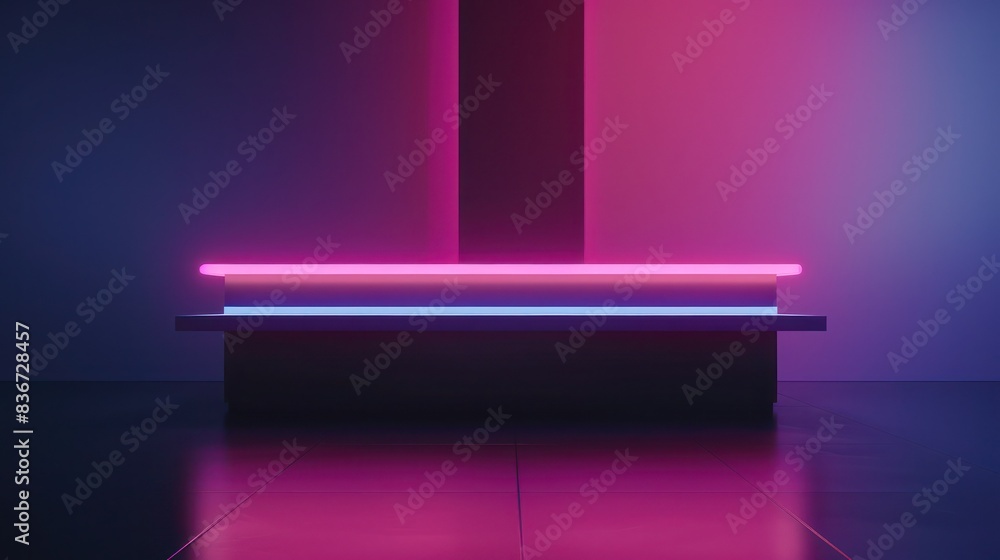 Poster create a sleek and modern 3d rendering of a neon-lit minimalist product stand against a dark backgro