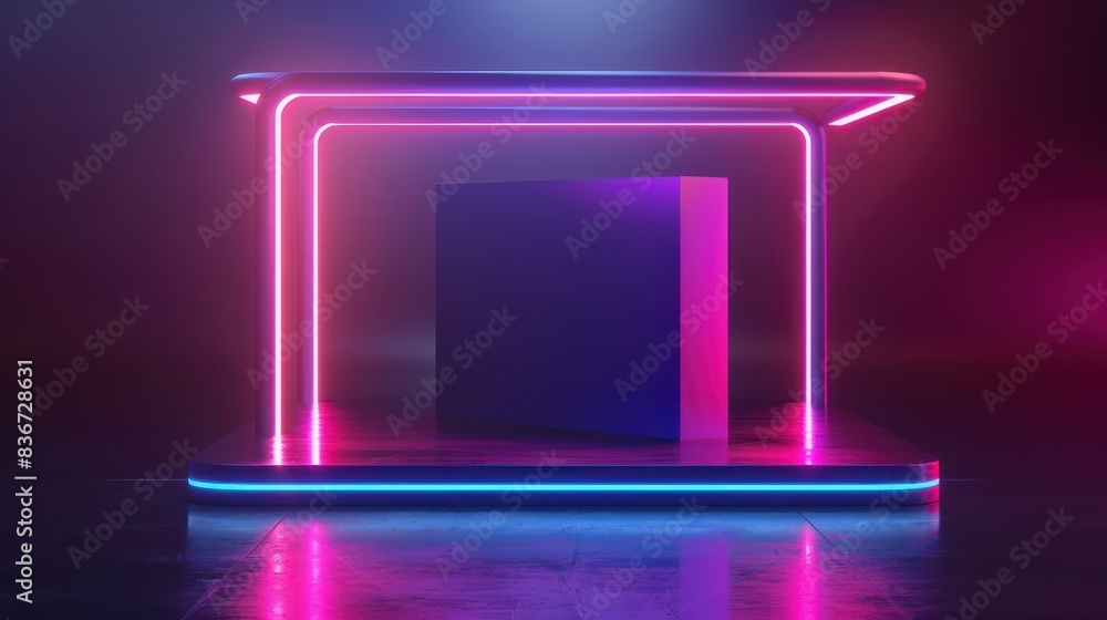 Poster design a futuristic 3d rendering of a product stand with subtle neon accents, offering a modern touc