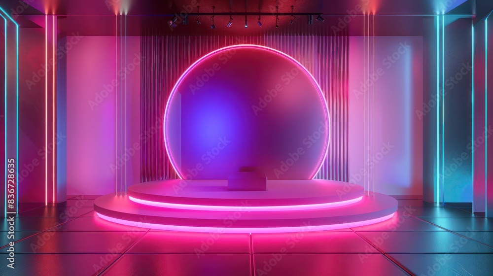 Poster design a futuristic 3d rendering of a product stand with subtle neon accents, offering a modern touc