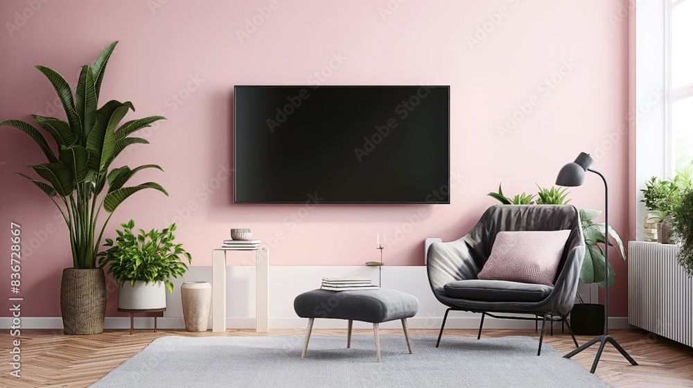 Sticker Modern living room with pink walls featuring a flat-screen TV, contemporary furniture, indoor plants, and wooden flooring.