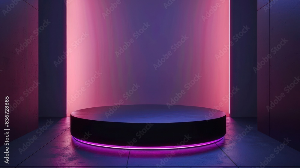 Poster design a futuristic pedestal with subtle neon accents for showcasing products in a minimalistic envi