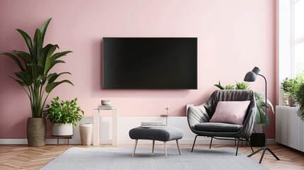 Modern living room with pink walls featuring a flat-screen TV, contemporary furniture, indoor plants, and wooden flooring.