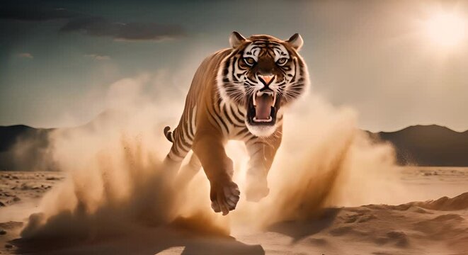 Angry tiger in the savanna.