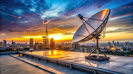 Satellite dish on rooftop connecting to satellites for internet service at dusk in cityscape backdrop