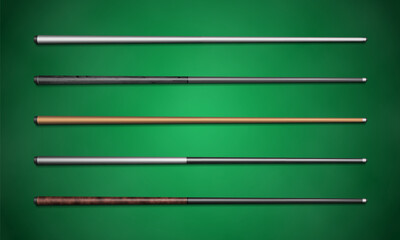 Billiard cues sticks on green background. Vector illustration.