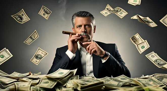 Rich man with bills and cigars.