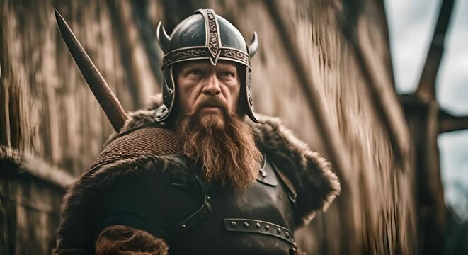 Viking fighter with horned hat.