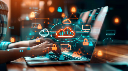 Closeup of hands typing on laptop with digital cloud icons and data flow stairs glowing in background, online storage, network technology concept