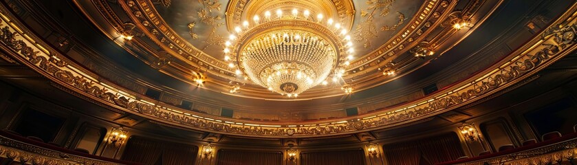 Obraz premium Illustrate an intricate, antique theater ceiling adorned with ornate moldings and a mesmerizing chandelier suspended in the center, bathed in a soft, golden glow