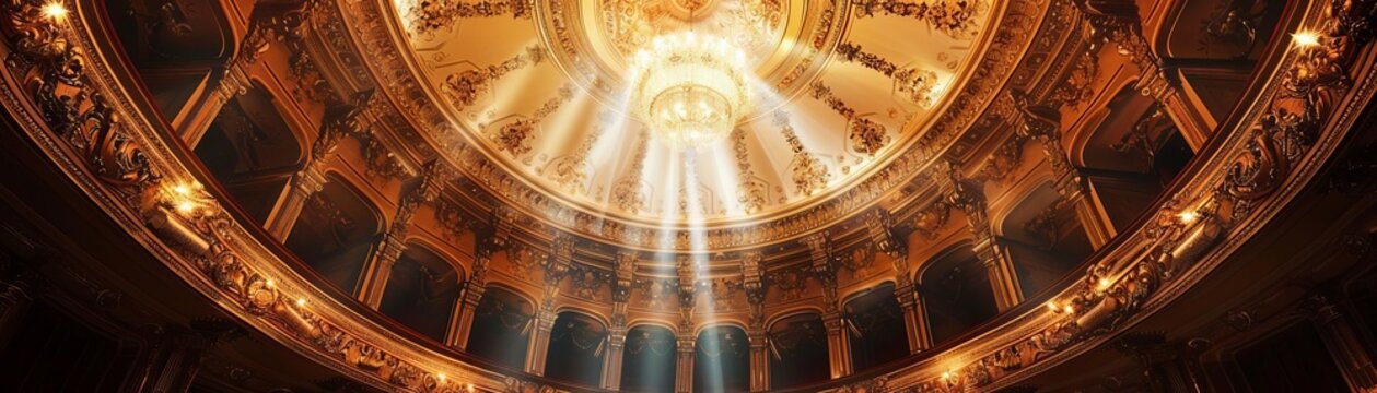 Illustrate an intricate, antique theater ceiling adorned with ornate moldings and a mesmerizing chandelier suspended in the center, bathed in a soft, golden glow