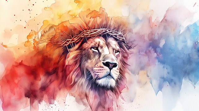 watercolor illustration, majestic Lion of Judah with Crown of Thorns, on watercolor background.  Christian concept