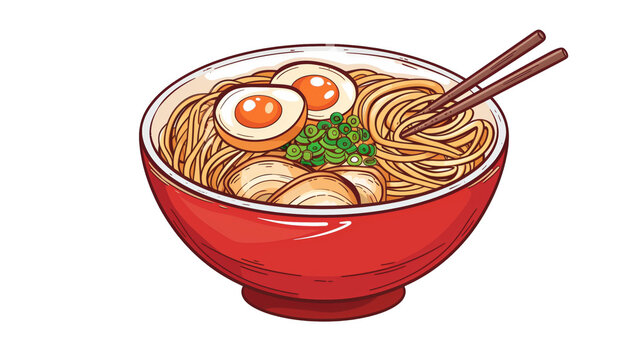 Illustration of a delicious bowl of ramen noodles with eggs, vegetables, and chopsticks. Perfect for Asian cuisine and food-related designs.on transparent background