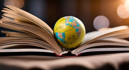 Earth globe on top of an open book.
