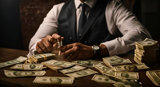 Rich man with bills and cigars.