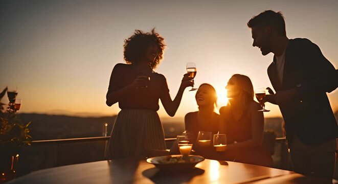 Friends enjoying a party on a rooftop at sunset.