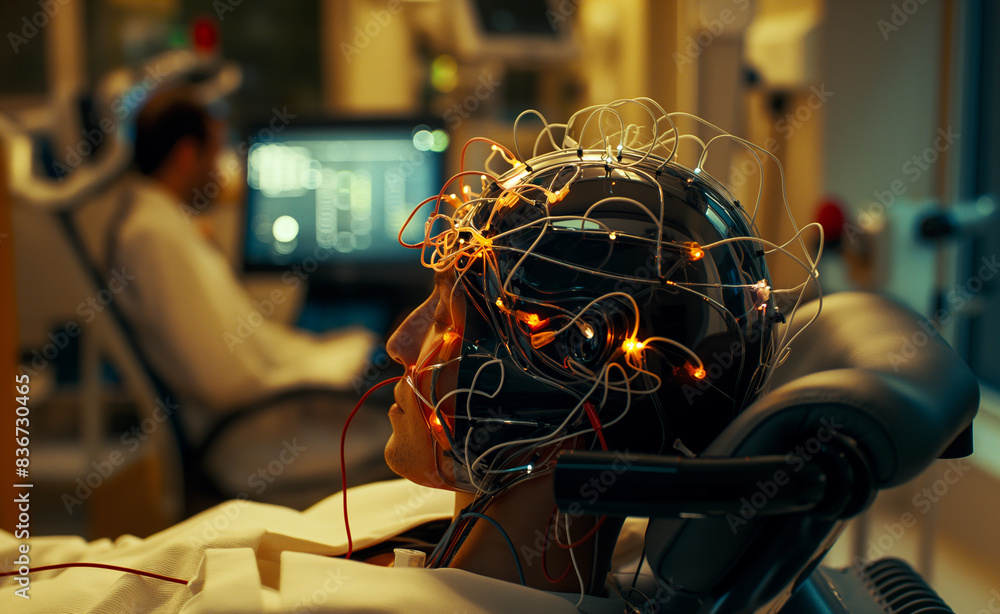 Poster a close-up of a humanoid robot head with connected sensors in a laboratory, with a blurred scientist