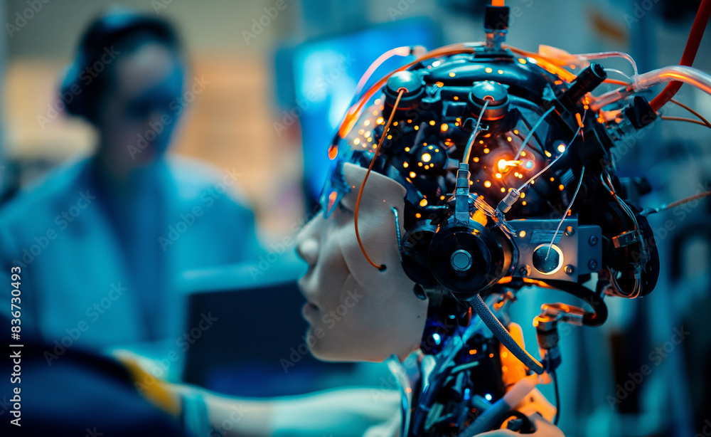 Poster a close-up of a humanoid robot head with connected sensors in a laboratory, with a blurred scientist