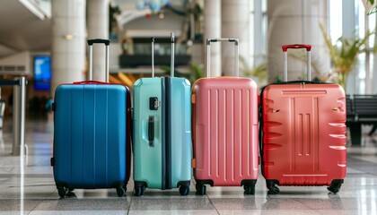 Business travel trip schedule and flight booking for vacations luggage suitcases at airport banner