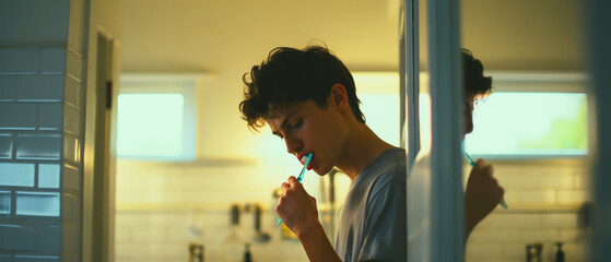 Attractive young man brushing his teeth in the bathroom. Part of the body is relflecting in a mirror.