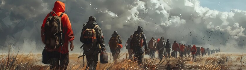 Fototapeta premium Produce a digital painting of refugees walking in the distance, emphasizing their resilience and unity from a rear view perspective