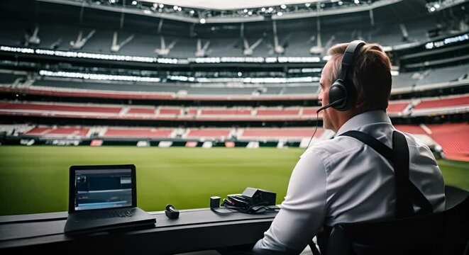 Sports commentator in the stadium.