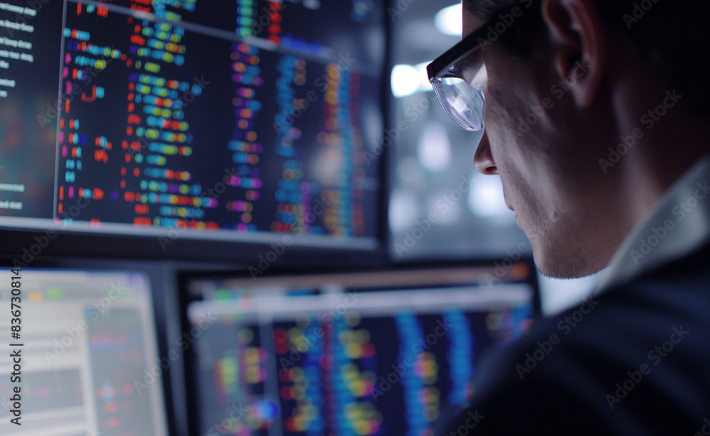 Poster a scientist analyzes colorful genomic data on a computer screen in an advanced laboratory, surrounde