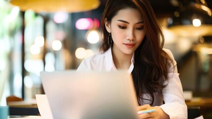 Fototapeta premium Woman in a white shirt working on a laptop in a cozy cafe with a warm, ambient light setting.