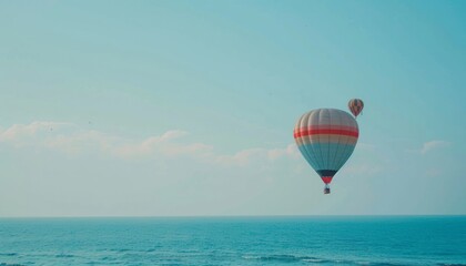 Serene Beauty: A Colorful Hot Air Balloon Soaring Over the Blue Sea