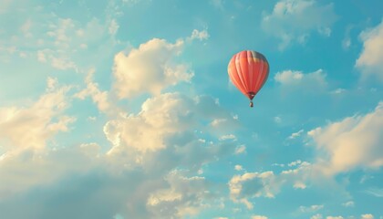 Fototapeta premium Vibrant Hot Air Balloon Soaring Through the Blue Sky with Ample Copy Space