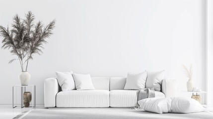 Modern minimalist living room with a white sofa, decorative cushions, vases with pampas grass, and a large floor pillow.