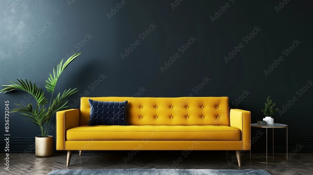 Wall mural Stylish living room with a mustard yellow sofa, dark blue pillow, potted plant, and a small round side table with decor against a dark wall.