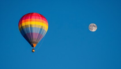 Fototapeta premium Enchanting Night Flight: A Colorful Hot Air Balloon Soars Under a Clear Blue Sky With the Moon