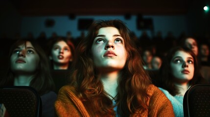 Focused audience in a dimly lit theater watching a movie, with expressions of awe and concentration.