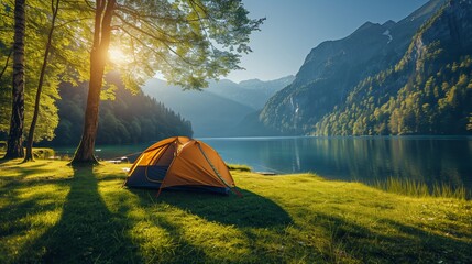 Camping point. Yellow tent camping on green grass near river and mountains with morning sunlight in summer. Close up. Picture of camping point at morning. Summertime.