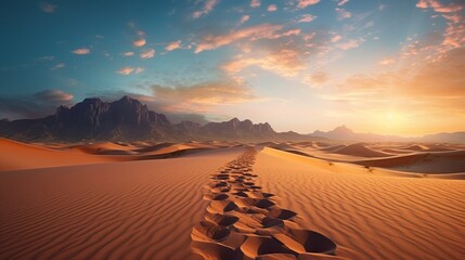 footsteps in the sand of the desert to horizon with sunset