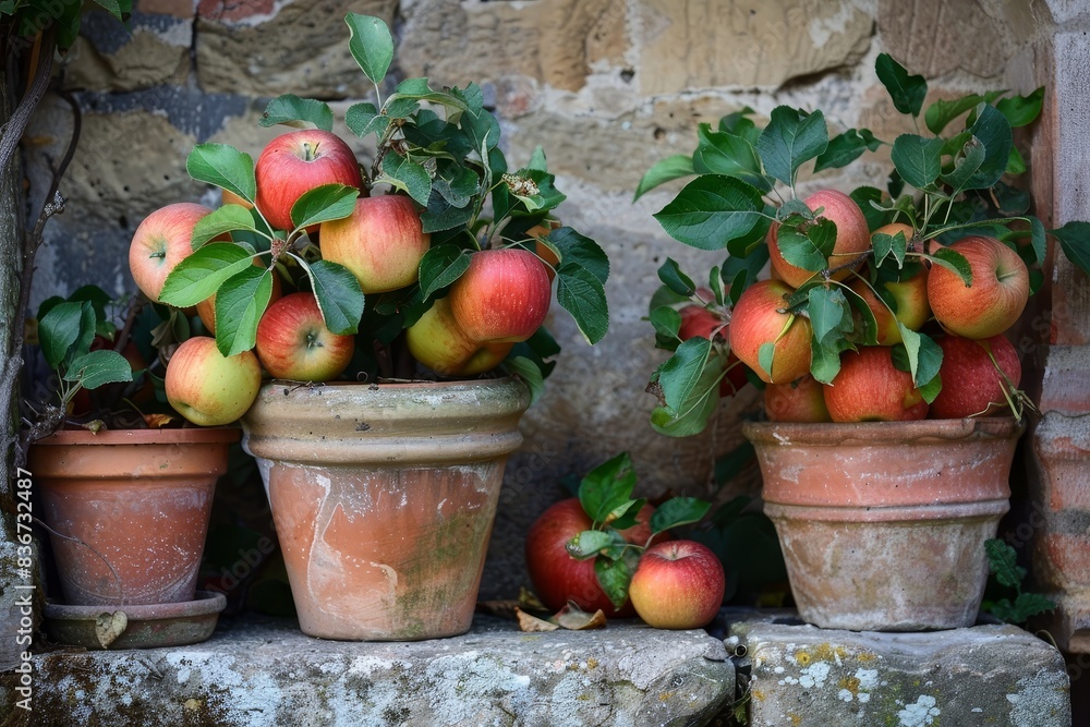 Canvas Prints Freshly harvested apples of various sizes and colors neatly arranged in vintage terracotta clay pots,displayed outdoors in a rural.