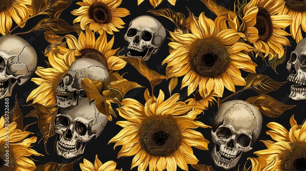 Canvas Prints Haunting Sunflower Pattern with Skulls in Dark Autumn Tones - Surreal,Macabre Floral Arrangement Background