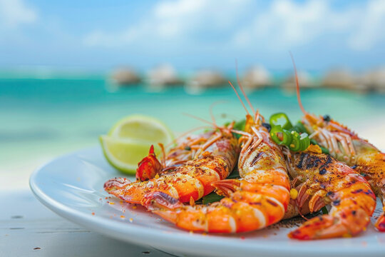 Grilled and Spiced Piri-Piri Prawns on Plate with Bazaruto Archipelago's Pristine Beaches and Turquoise Waters in Background