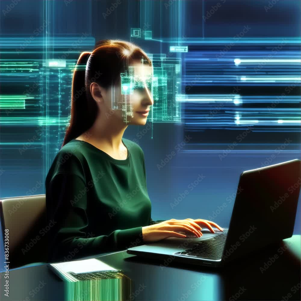 Poster a woman working on a laptop in a modern, digitally enhanced workspace. the image represents technolo